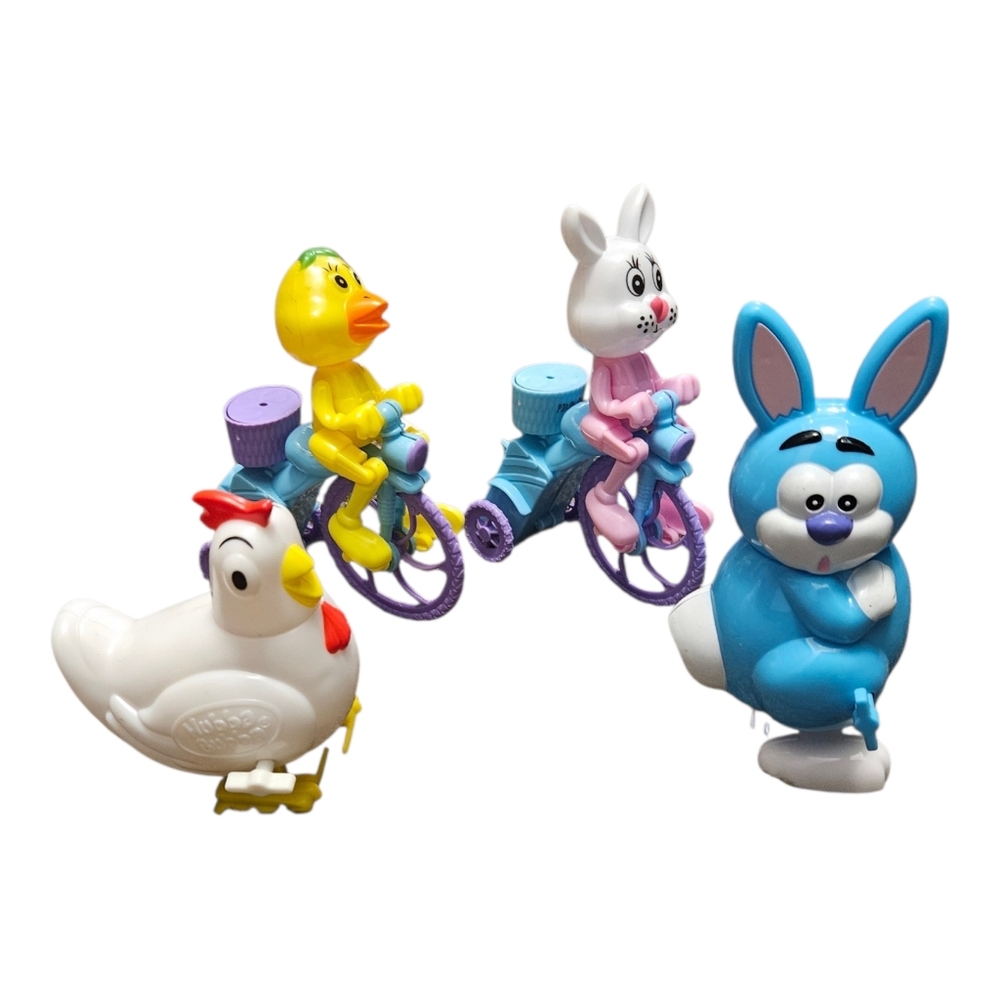 Vintage Lot Of 4 Plastic Wind-Up Walking & Tricycle Toys Hubba Bubba Chicken